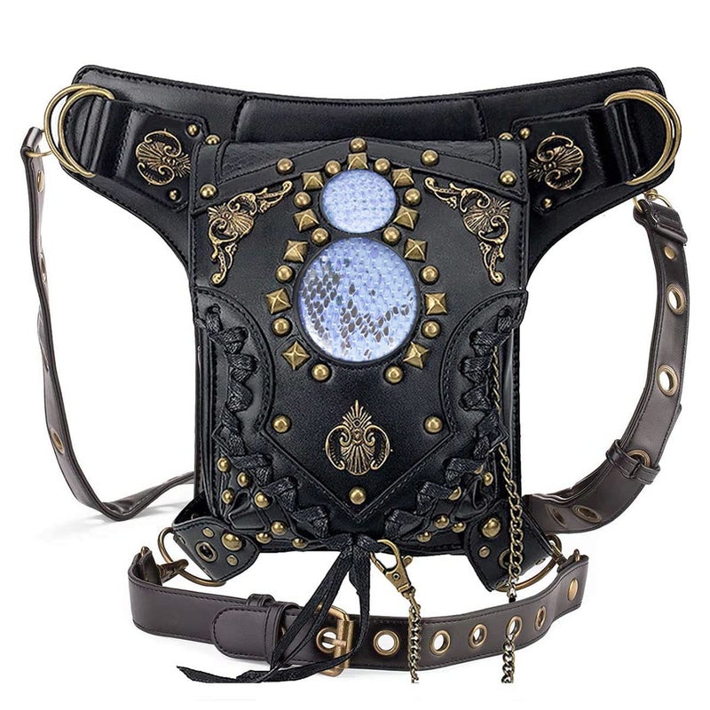 Valentoria Gothic Waist Bag Fanny Pack Leather Steampunk Bag Side Bag Travel Purse Side Wallet Punk Rock Chain Leg Bag Crossbody Shoulder Messenger Bags Handbag Hip Holster Pouch for Women Girls (Black) - Image 1